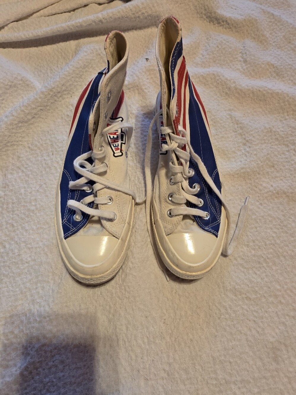 BE HEARD KNOW YOUR POWER CONVERSE High-Top Canvas Sneakers in White, Blue & Red